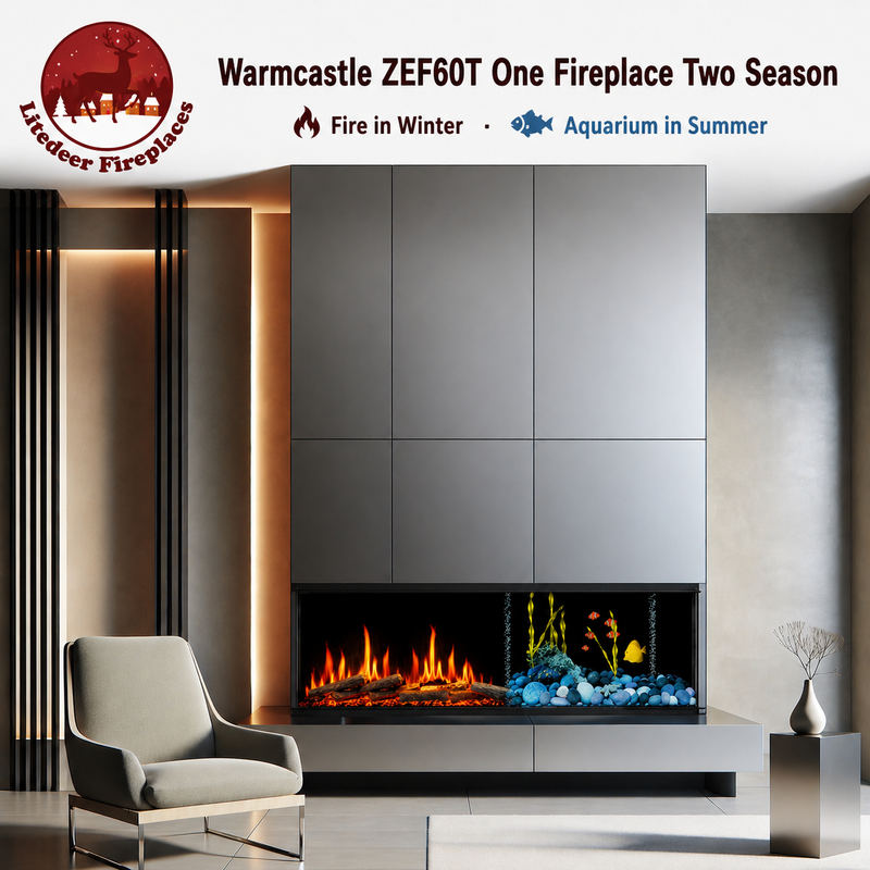 Warmcastle ZEF60T 60" Panoramic 3-Sided Smart Electric Fireplace with Aquarium Mode | Built-In Panoramic Fireplace |Breathing Logs | Multi-Flame, App Control