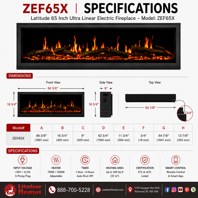 Foyer électrique linéaire ultra mince Latitude de Litedeer de 65 po avec application - ZEF65X, noir 