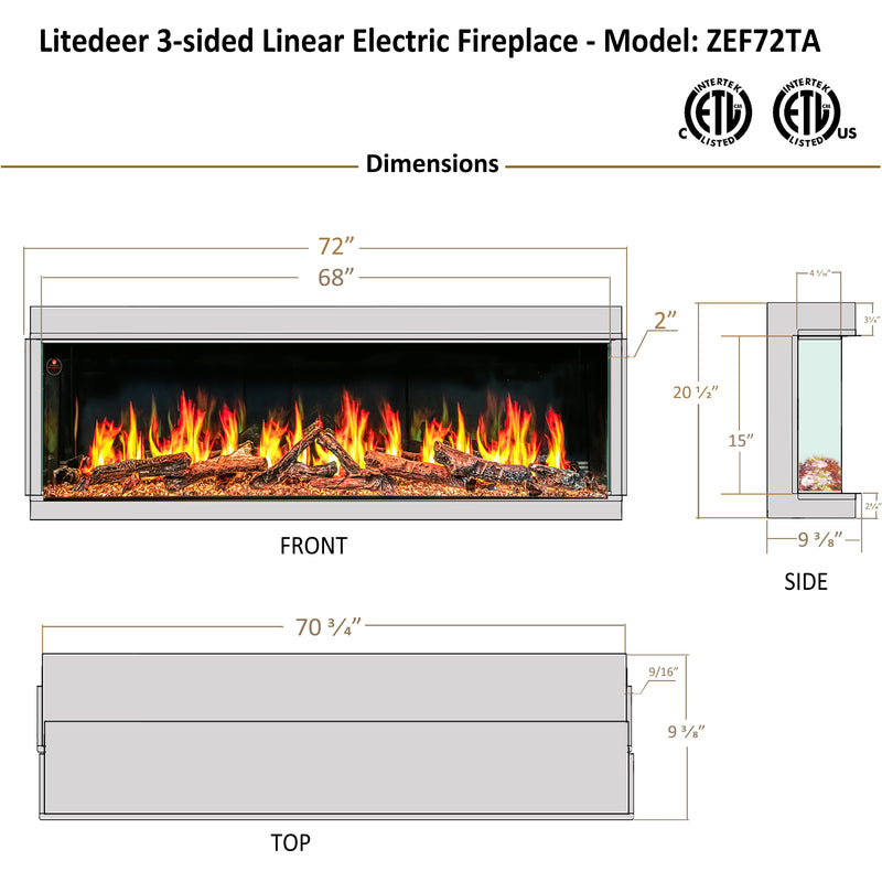 Litedeer Homes Warmcastle ZEF72TA 72" 3-Sided Panoramic Smart Electric Fireplace