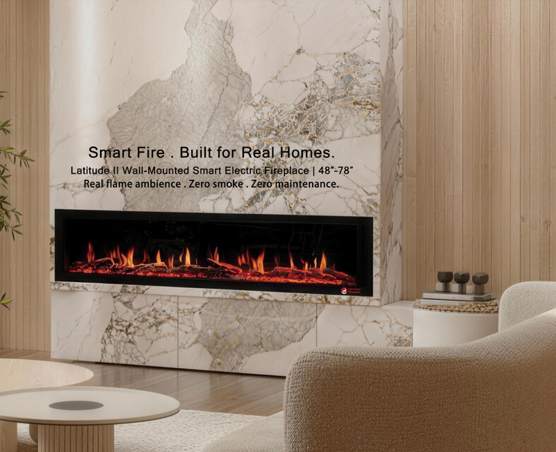 Chimenea eléctrica inteligente ultradelgada Latitude de 75 pulgadas, de New Lited Homes (2025), con marco de 1 pulgada, LED multillama, troncos de madera flotante y piedras de río, control por wifi y aplicación, empotrada en la pared (modelo: ZEF75V)