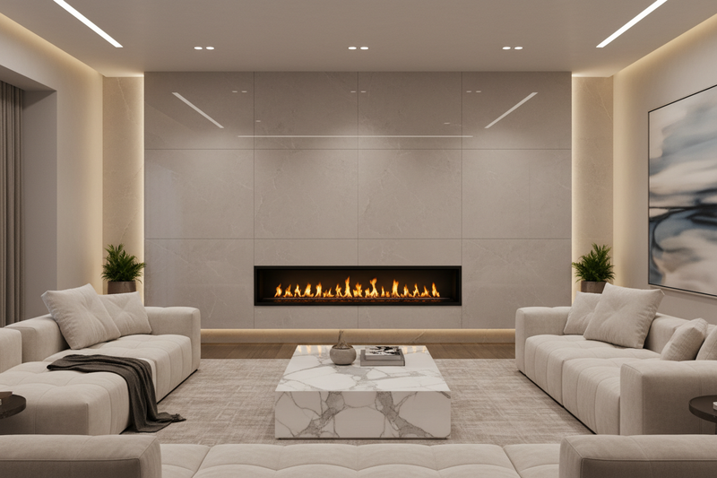 A Latitude 55-inch built-in smart electric fireplace flushed and recessed in the Dekton Sonia stone slab wall with carrara white Polished marble coffee table in front of the living room 