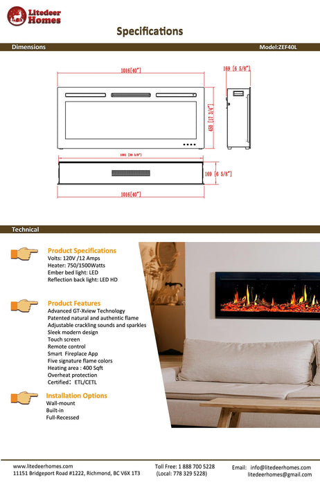 Litedeer Homes Electric Fireplace - Aimee 40-Inch Smart Electric Fireplace Insert with App Crackling Sounds 5 Unique Flame (Model: ZEF40L) - Litedeer Homes