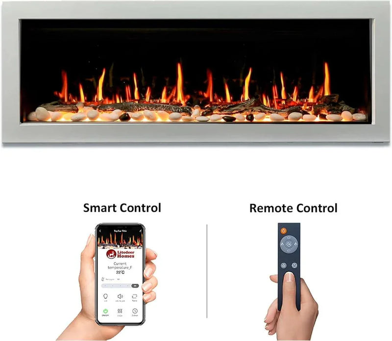 Litedeer Homes Gloria II 48" Smart Wall Mounted Electric Fireplace with App Driftwood Log & River Rock - ZEF48XS, Silver - Litedeer Homes