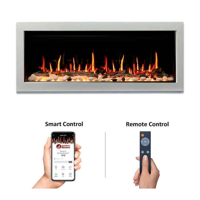 Litedeer Homes Gloria II 48" Wall Mount Electric Fireplace Smart App Control, 5 Unique Realistic Flames, and Elegant Design with Driftwood Log & River Rock - ZEF48XW, White - Litedeer Homes