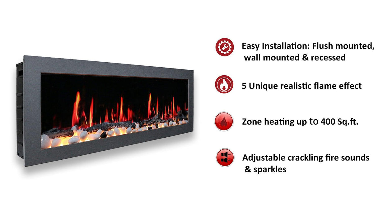 Litedeer Homes Gloria II 58" Smart Electric Fireplace with App Driftwood Log & River Rock - ZEF58VS, Silver - Litedeer Homes