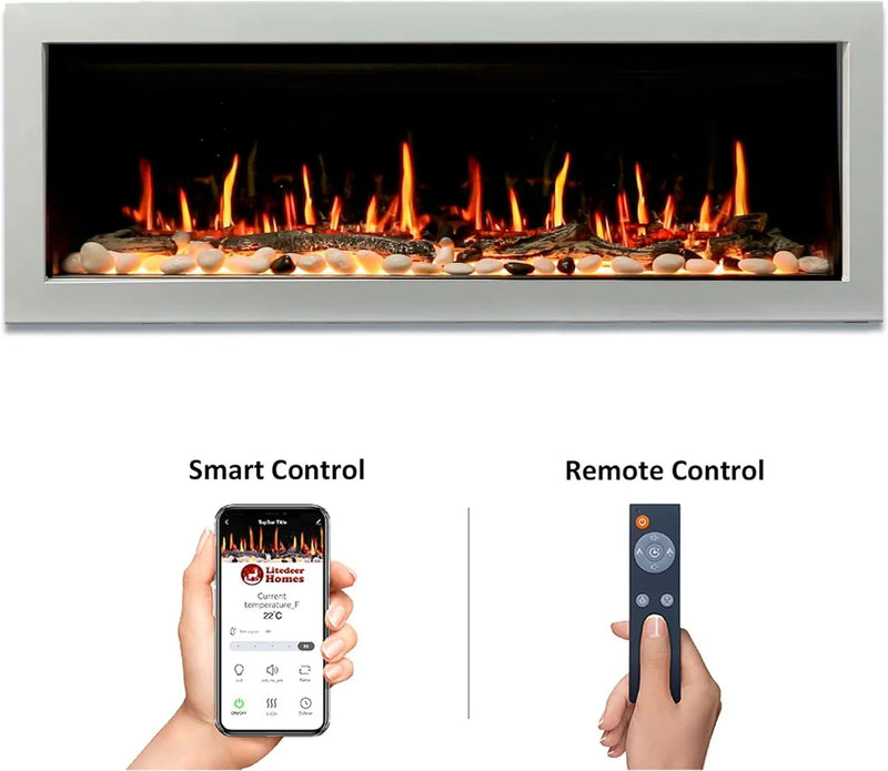 Litedeer Homes Gloria II 58" Smart Electric Fireplace with App Driftwood Log & River Rock - ZEF58VW White Fireplace - Litedeer Homes