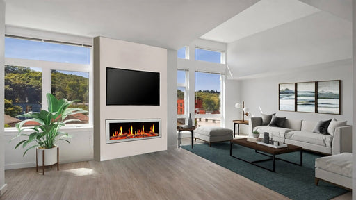Litedeer Homes wall-mounted electric fireplace — 2026 flame-reference composite with breathing driftwood logs, black rocks and ice rocks