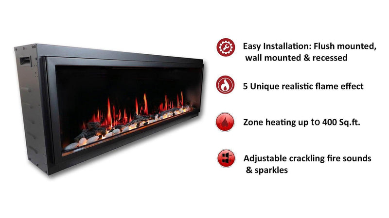 2025 NewLitedeer Homes Latitude 65-inch Ultra-Slim Smart Electric Fireplace with 1-inch Trim – Multi-Flame LED, Driftwood Logs & River Rocks, WiFi/App-Control, Flush/Recessed/Wall-Mounted (Model: ZEF65X) - Litedeer Homes