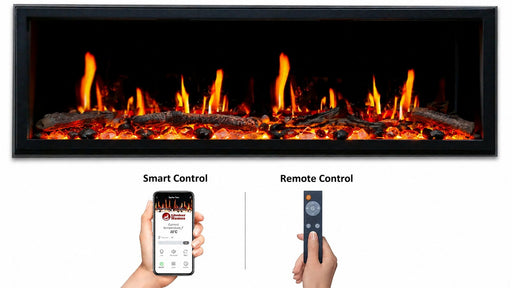 Litedeer Homes wall-mounted electric fireplace — 2026 flame-reference composite with breathing driftwood logs, black rocks and ice rocks