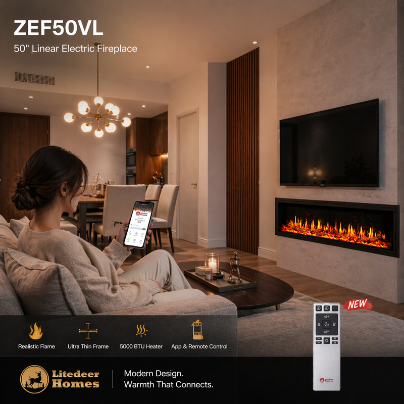 Litedeer Latitude ZEF50VL 50-Inch Built-in Linear Electric Fireplace — Ultra Slim, Smart App Control, Breathing Logs, No Vent