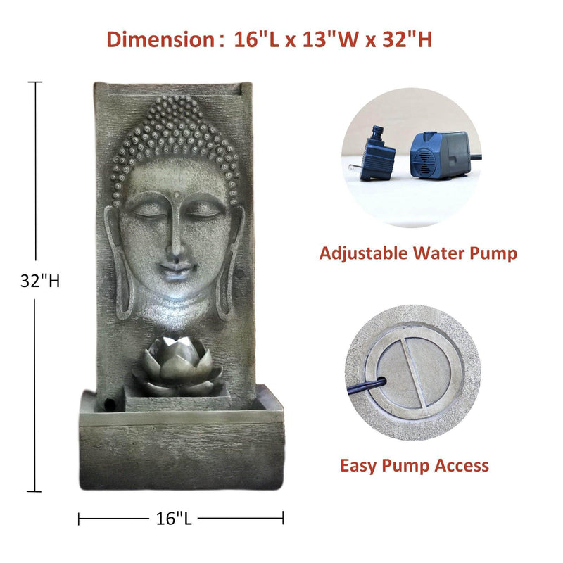 Litedeer Indoor Outdoor XL Large Buddha Water Fountain with LED Light -DGF-161056 32 inch Tall Fountain - Litedeer Homes