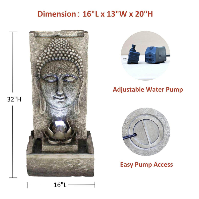 Litedeer Indoor Outdoor XL Large Buddha Water Fountain with LED Light -DGF-161056 32 inch Tall Fountain - Litedeer Homes