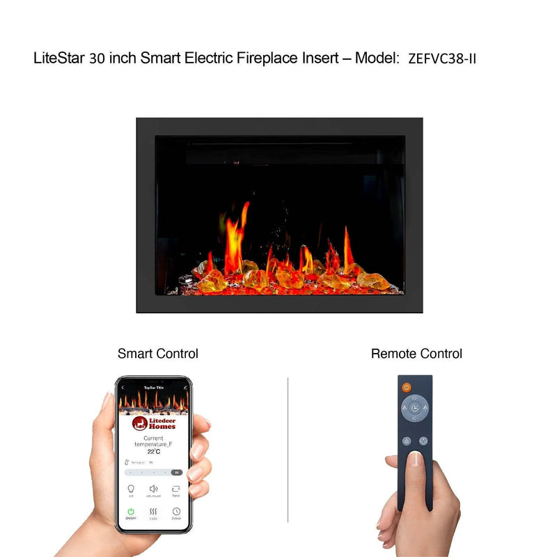 2025 New LiteStar 30 inch Wall Mounted Smart Electric Fireplace Insert with Crackling Sounds App Reflective Amber Glass (ZEF38VC-30A) (2025 New Version) - Litedeer Homes