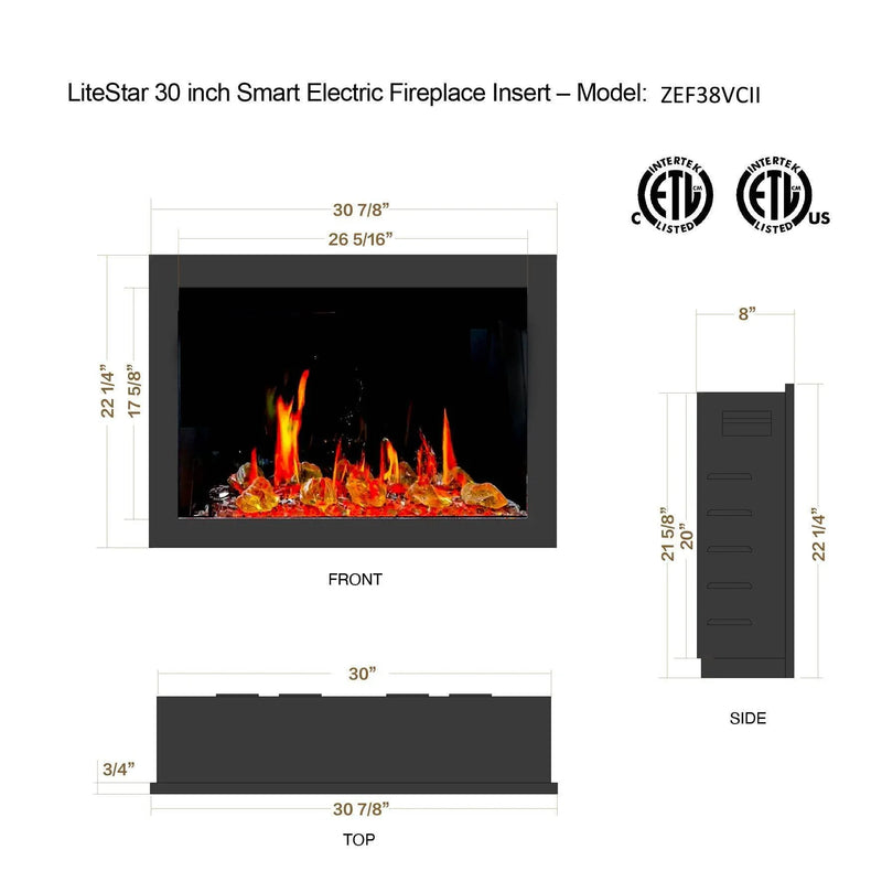 2025 New LiteStar 30 inch Wall Mounted Smart Electric Fireplace Insert with Crackling Sounds App Reflective Amber Glass (ZEF38VC-30A) (2025 New Version) - Litedeer Homes
