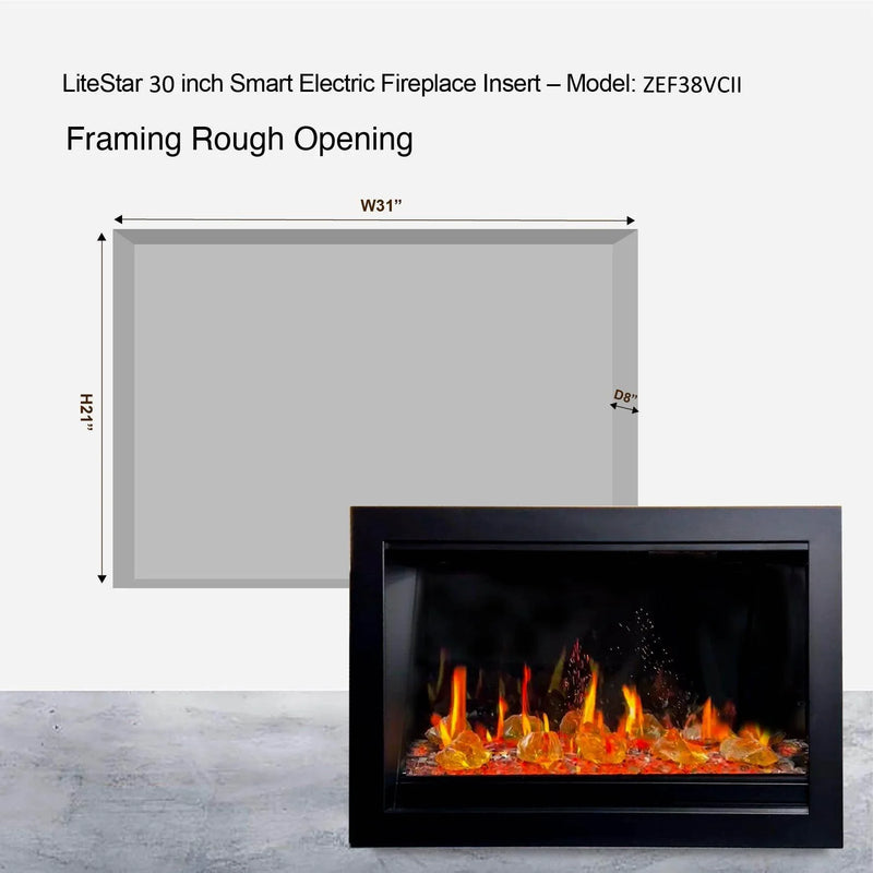 2025 New LiteStar 30 inch Wall Mounted Smart Electric Fireplace Insert with Crackling Sounds App Reflective Amber Glass (ZEF38VC-30A) (2025 New Version) - Litedeer Homes