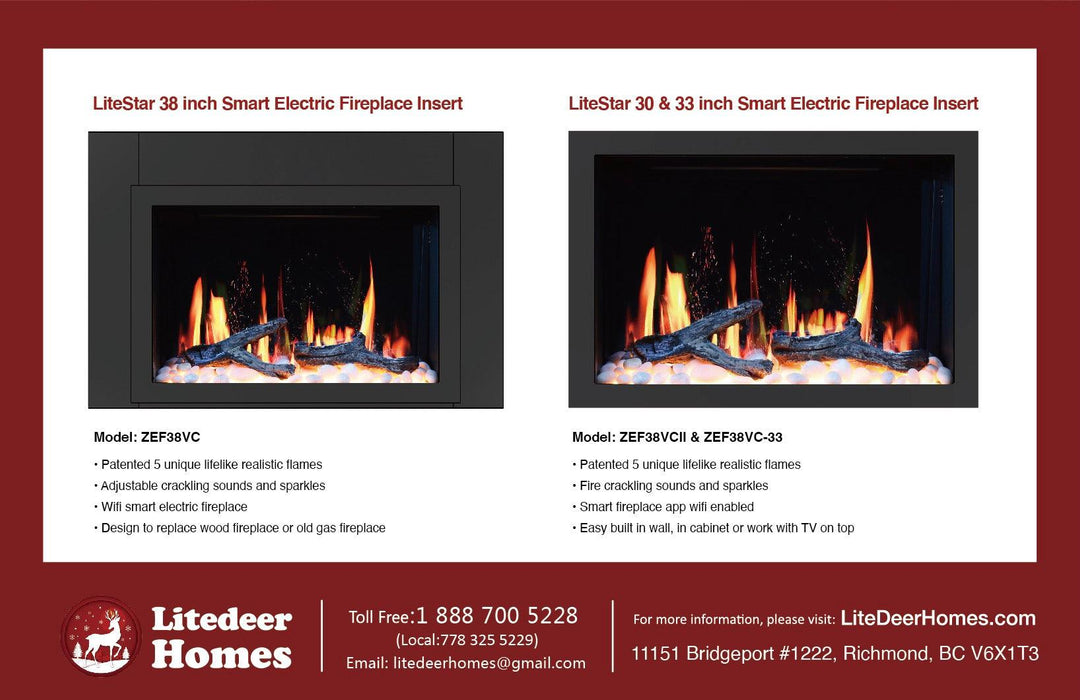LiteStar 33" Smart Electric Fireplace Insert with App Diamond-like Crystal (ZEF38VC-33C) - Litedeer Homes