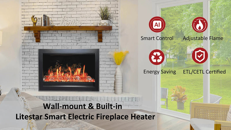 LiteStar 33-in Smart Electric Fireplace Insert with App Reflective Amber Glass, Crackling Sounds (Model: ZEF38VC-33A), Black - Litedeer Homes
