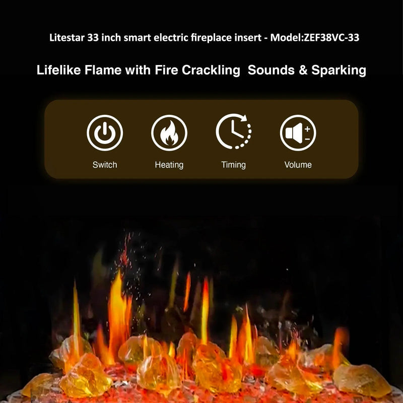 LiteStar 33-in Smart Electric Fireplace Insert with App Reflective Amber Glass, Crackling Sounds (Model: ZEF38VC-33A), Black - Litedeer Homes