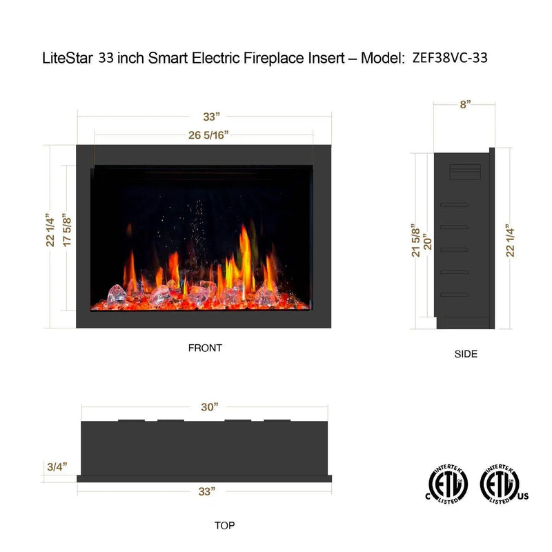 LiteStar 33-in Smart Electric Fireplace Insert with App Reflective Amber Glass, Crackling Sounds (Model: ZEF38VC-33A), Black - Litedeer Homes