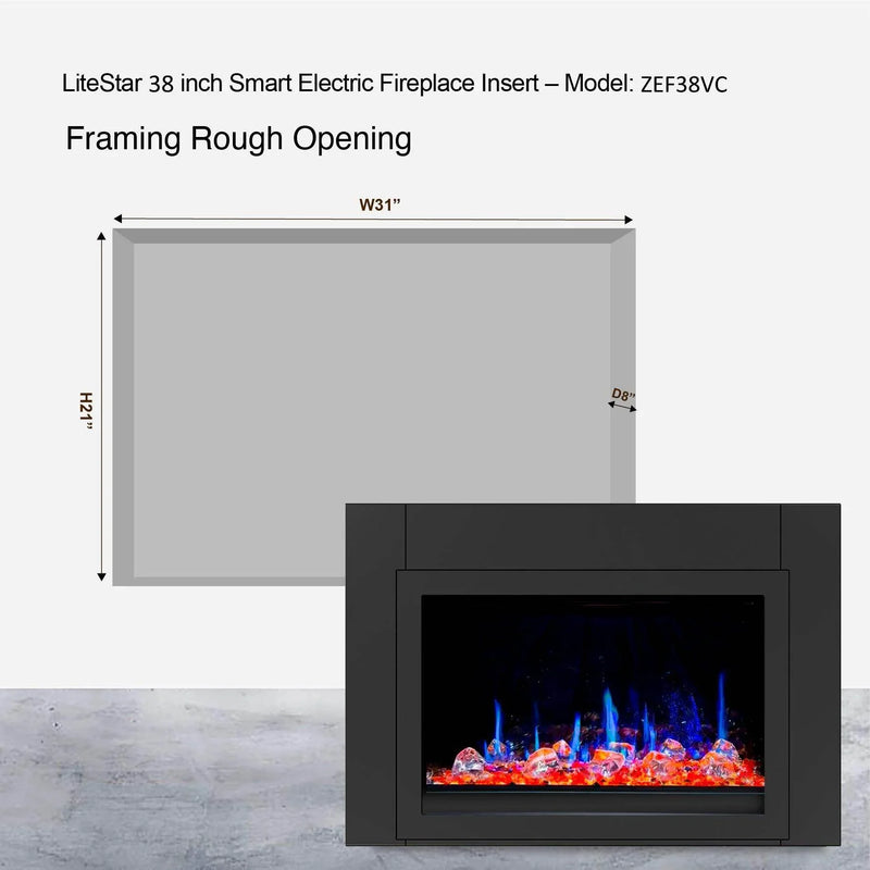 LiteStar 38 inch Wall Mounted Electric Fireplace Insert with Crackling Sounds, Smart Fireplace App Diamond-like Crystal - (ZEF38VC-C) - Litedeer Homes