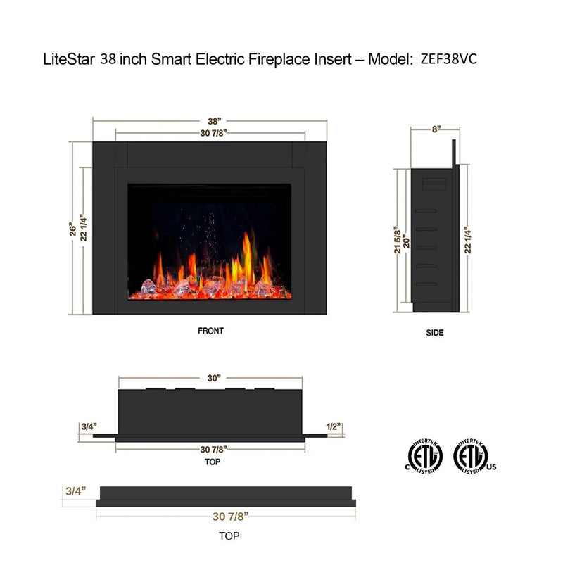 LiteStar 38 inch Wall Mounted Electric Fireplace Insert with Crackling Sounds, Smart Fireplace App Diamond-like Crystal - (ZEF38VC-C) - Litedeer Homes
