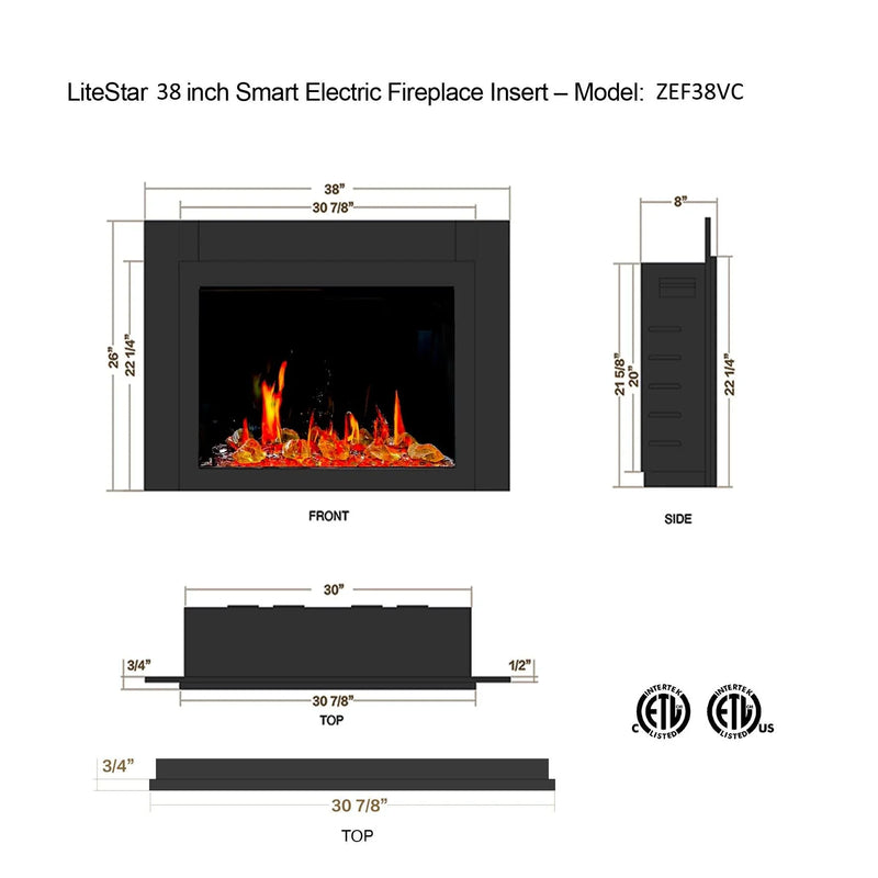 LiteStar 38" Smart Electric Fireplace Insert with App Reflective Amber Glass - ZEF38VC-A - Litedeer Homes