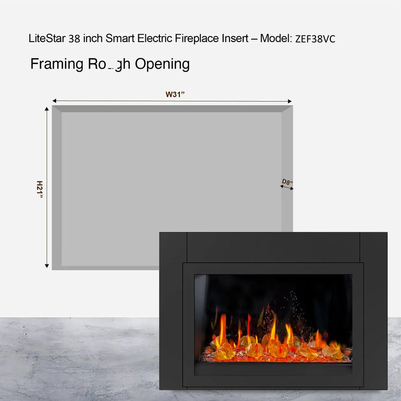 LiteStar 38" Smart Electric Fireplace Insert with App Reflective Amber Glass - ZEF38VC-A - Litedeer Homes