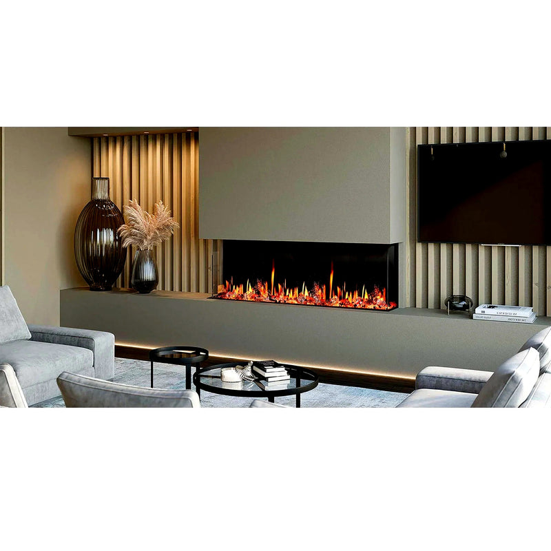 Chimenea eléctrica inteligente Warmcastle 2025 de 50 pulgadas y 3 lados con sonidos crepitantes, control por app, leña flotante y vidrio reflectante ámbar (modelo: ZEF50TA)