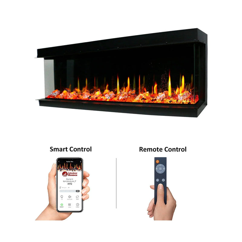 2025 Warmcastle 50-Inch 3-Sided Smart Electric Fireplace with Crackling Sounds, App Control, Driftwood Logs, Reflective Fire Glass Amber (Model: ZEF50TA) - Litedeer Homes