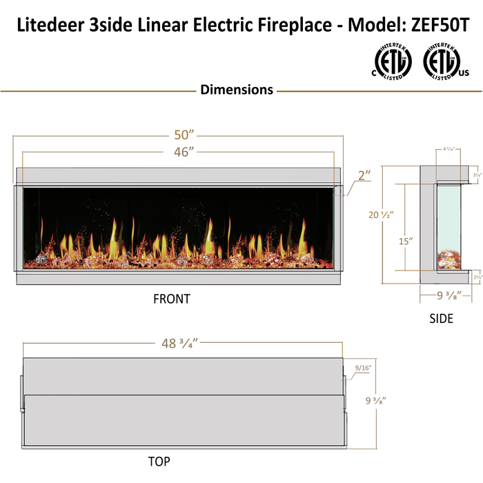 Warmcastle 3 Side 50" Smart HD LED Electric Fireplace Wifi Enabled with App Diamond-like Crystal (Model: ZEF50T) - Litedeer Homes