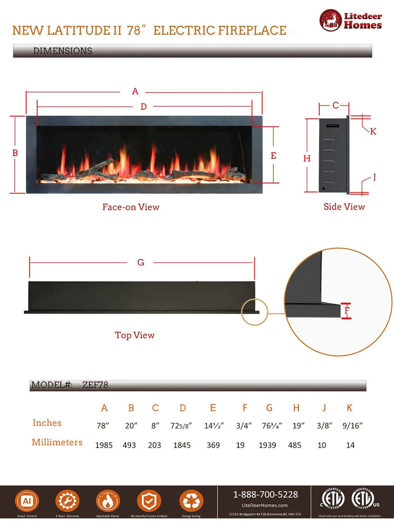 Litedeer Gloria II 78" Smart Push-in Electric Fireplace with App - ZEF78VS, Silver - Litedeer Homes