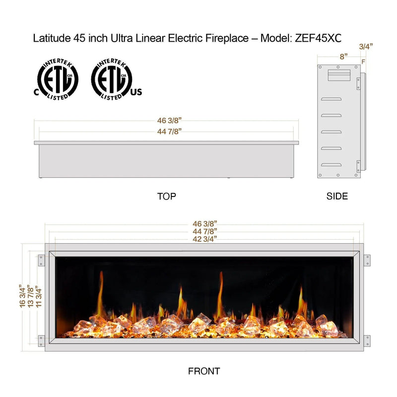 2025 New Litedeer Homes Latitude 45-inch Ultra-Slim Smart Electric Fireplace with 1-inch Trim, Multi-Flame LED, Crushed Ice Rocks, WiFi/App-Control, Flush/Recessed/Wall-Mounted (Model: ZEF45XC) - Litedeer Homes