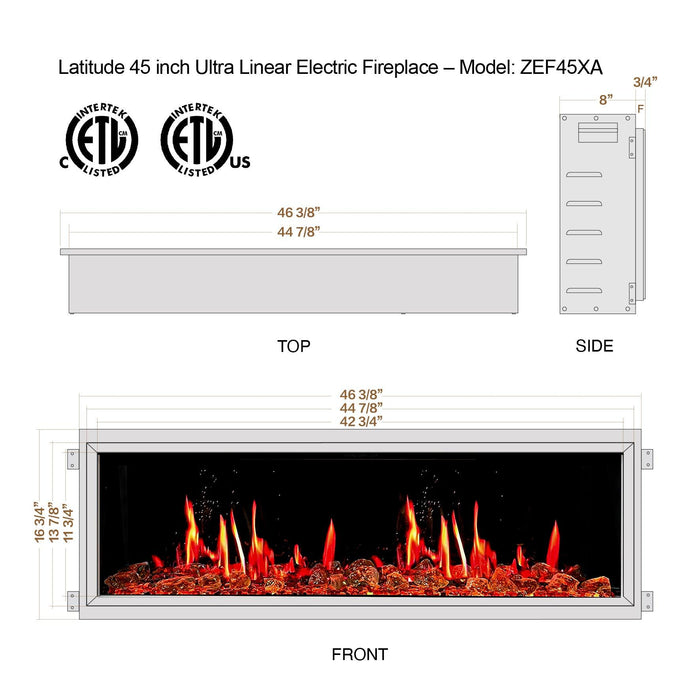 Litedeer Latitude ZEF45XA 45 inch Smart Electric Fireplace with app realistic flame Black - Litedeer Homes