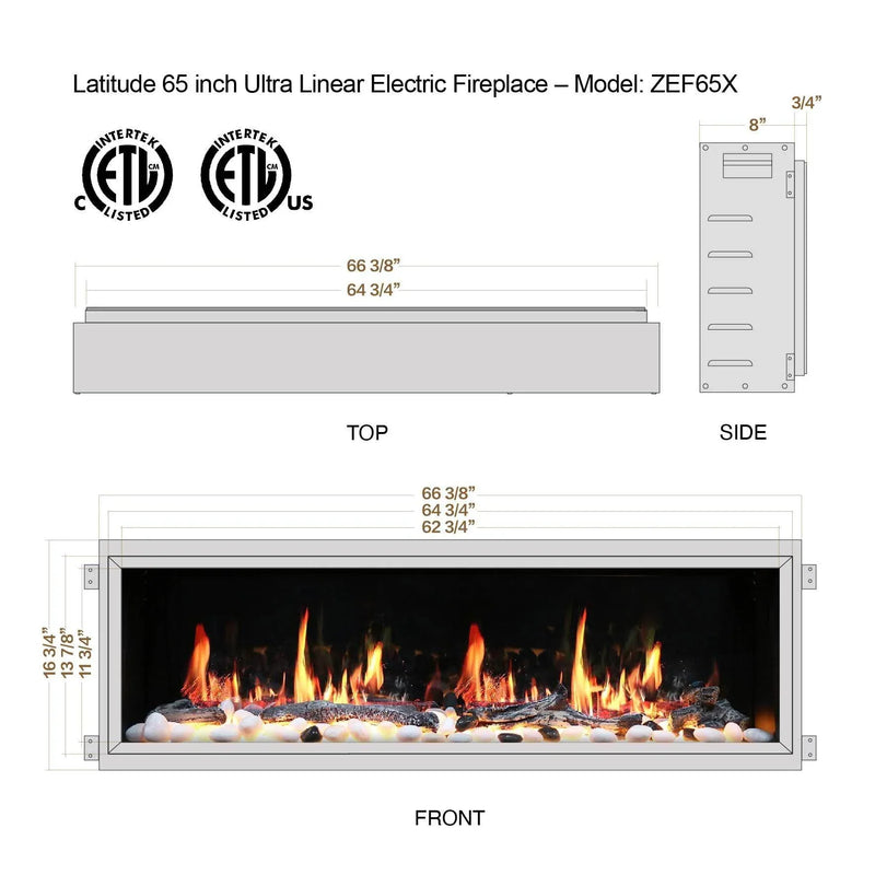 2025 NewLitedeer Homes Latitude 65-inch Ultra-Slim Smart Electric Fireplace with 1-inch Trim – Multi-Flame LED, Driftwood Logs & River Rocks, WiFi/App-Control, Flush/Recessed/Wall-Mounted (Model: ZEF65X) - Litedeer Homes