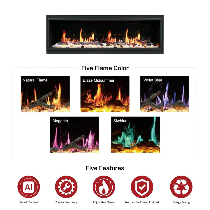 2025 NewLitedeer Homes Latitude 65-inch Ultra-Slim Smart Electric Fireplace with 1-inch Trim – Multi-Flame LED, Driftwood Logs & River Rocks, WiFi/App-Control, Flush/Recessed/Wall-Mounted (Model: ZEF65X) - Litedeer Homes
