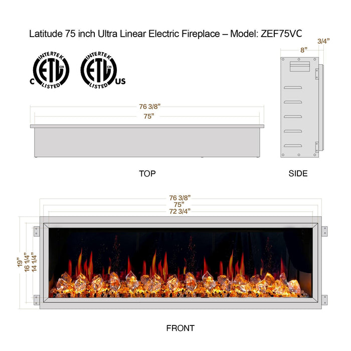 Litedeer Latitude 75-in Smart Control Electric Fireplace Wifi Enabled -ZEF75VC,Black - Litedeer Homes