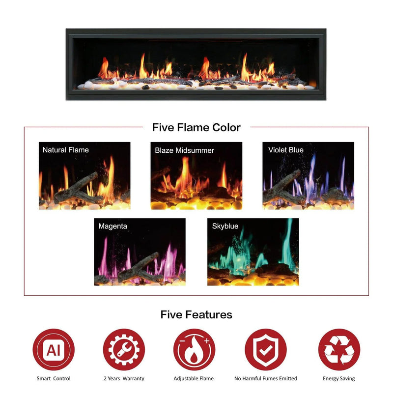 2025 New Lited eer Homes Latitude 75-inch Ultra-Sleek Smart Electric Fireplace with 1-inch Trim – Multi-Flame LED, Driftwood Logs & River Rocks, WiFi/App-Control, Flush/Recessed/Built-in Wall (Model: ZEF75V) - Litedeer Homes
