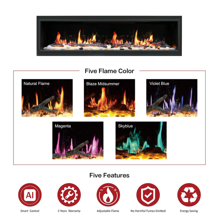 Latitude 75" Smart Built-in Linear Electric Fireplace with App Crackling Sounds - ZEF75V,Black - Litedeer Homes