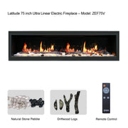 2025 New Lited eer Homes Latitude 75-inch Ultra-Sleek Smart Electric Fireplace with 1-inch Trim – Multi-Flame LED, Driftwood Logs & River Rocks, WiFi/App-Control, Flush/Recessed/Built-in Wall (Model: ZEF75V) - Litedeer Homes