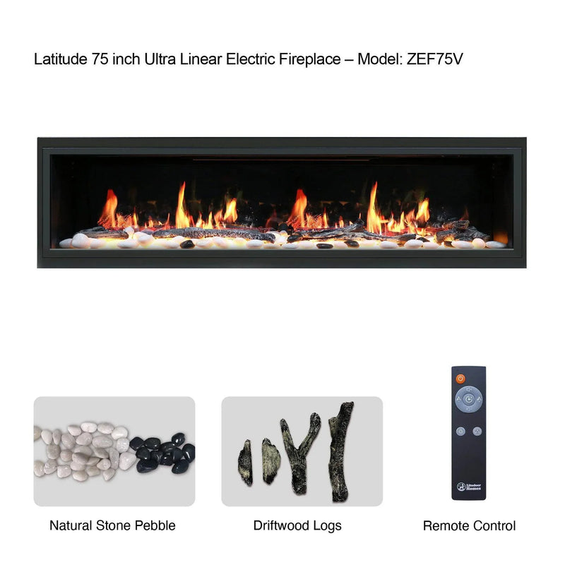 2025 New Lited eer Homes Latitude 75-inch Ultra-Sleek Smart Electric Fireplace with 1-inch Trim – Multi-Flame LED, Driftwood Logs & River Rocks, WiFi/App-Control, Flush/Recessed/Built-in Wall (Model: ZEF75V) - Litedeer Homes