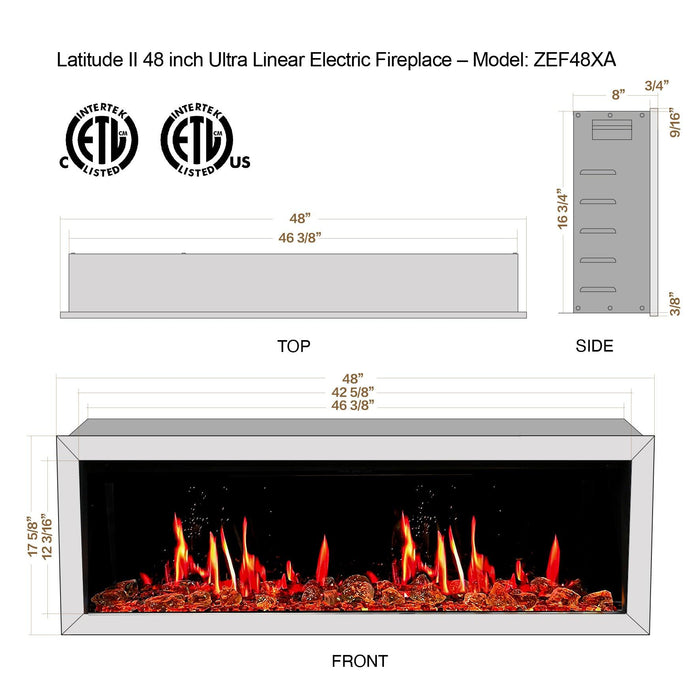 Litedeer Latitude 48" Smart Wall Mount Electric Fireplace with Amber Glass - ZEF48XA, Amber Glass Black - Litedeer Homes