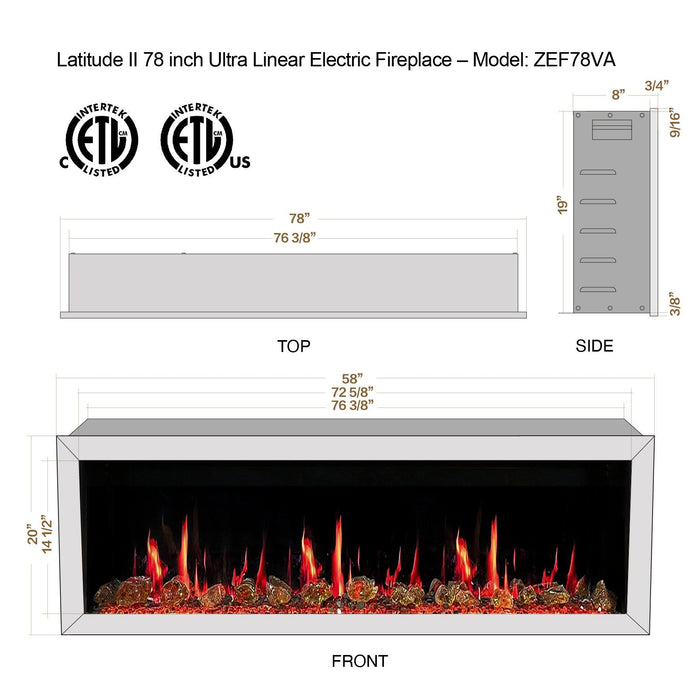 Litedeer Latitude II 78 inch Wifi Smart Electric Fireplace with crackling - ZEF78VA - Litedeer Homes