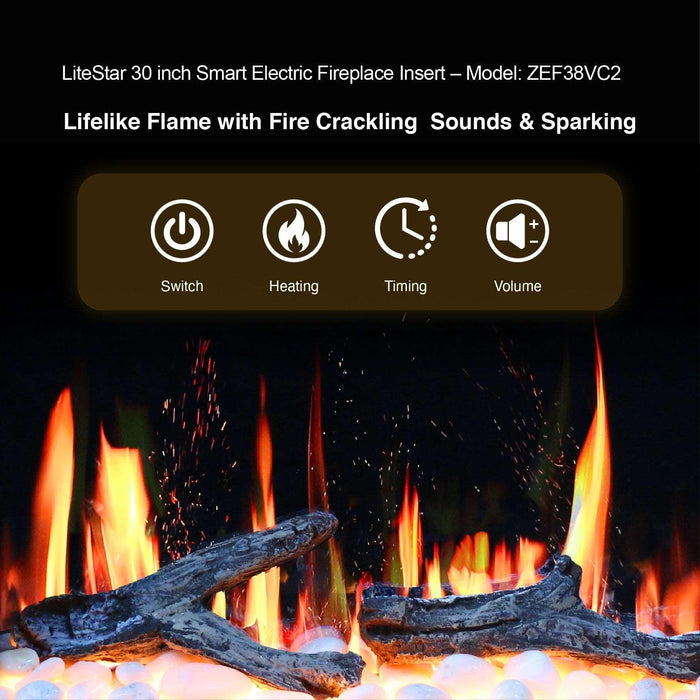 Litedeer LiteStar 30 inch Smart Electric Fireplace Insert ZEF38VC2, Black