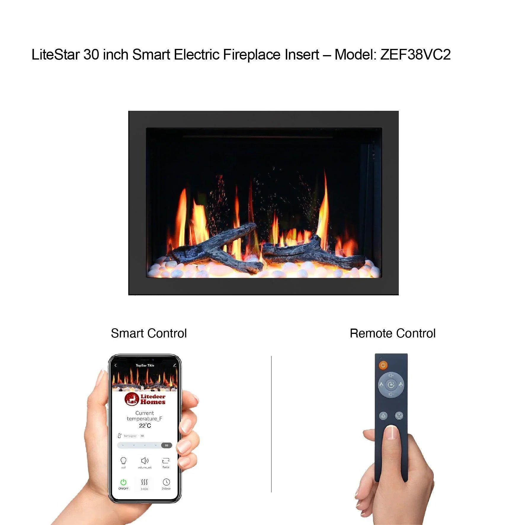 LiteStar 30-inch Smart Electric Fireplace Insert with Crackling Sounds ...