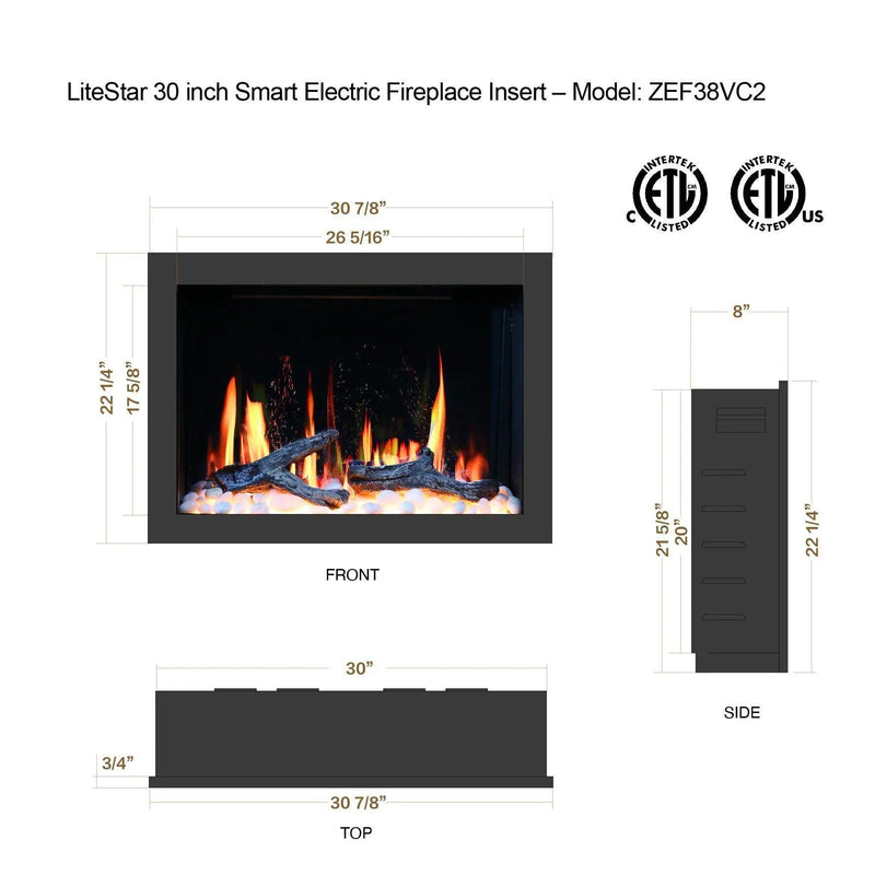 2025 New LiteStar 30-inch Wall Mounted Smart Electric Fireplace Insert with Crackling Sounds, Multi-Flame Style, Fireplace App Driftwood Log & River Rock (ZEF38VC-30) - Litedeer Homes