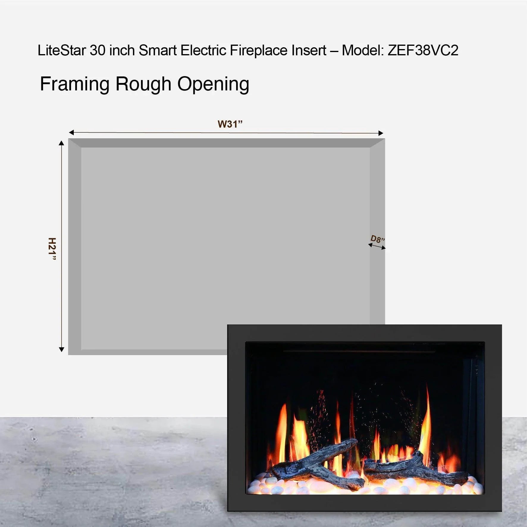 LiteStar 30-inch Smart Electric Fireplace Insert with Crackling Sounds ...